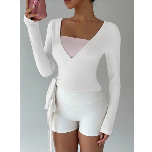 White V-Neck Long Sleeve Tie Side Wrap Shirt - Picture 3 of 9